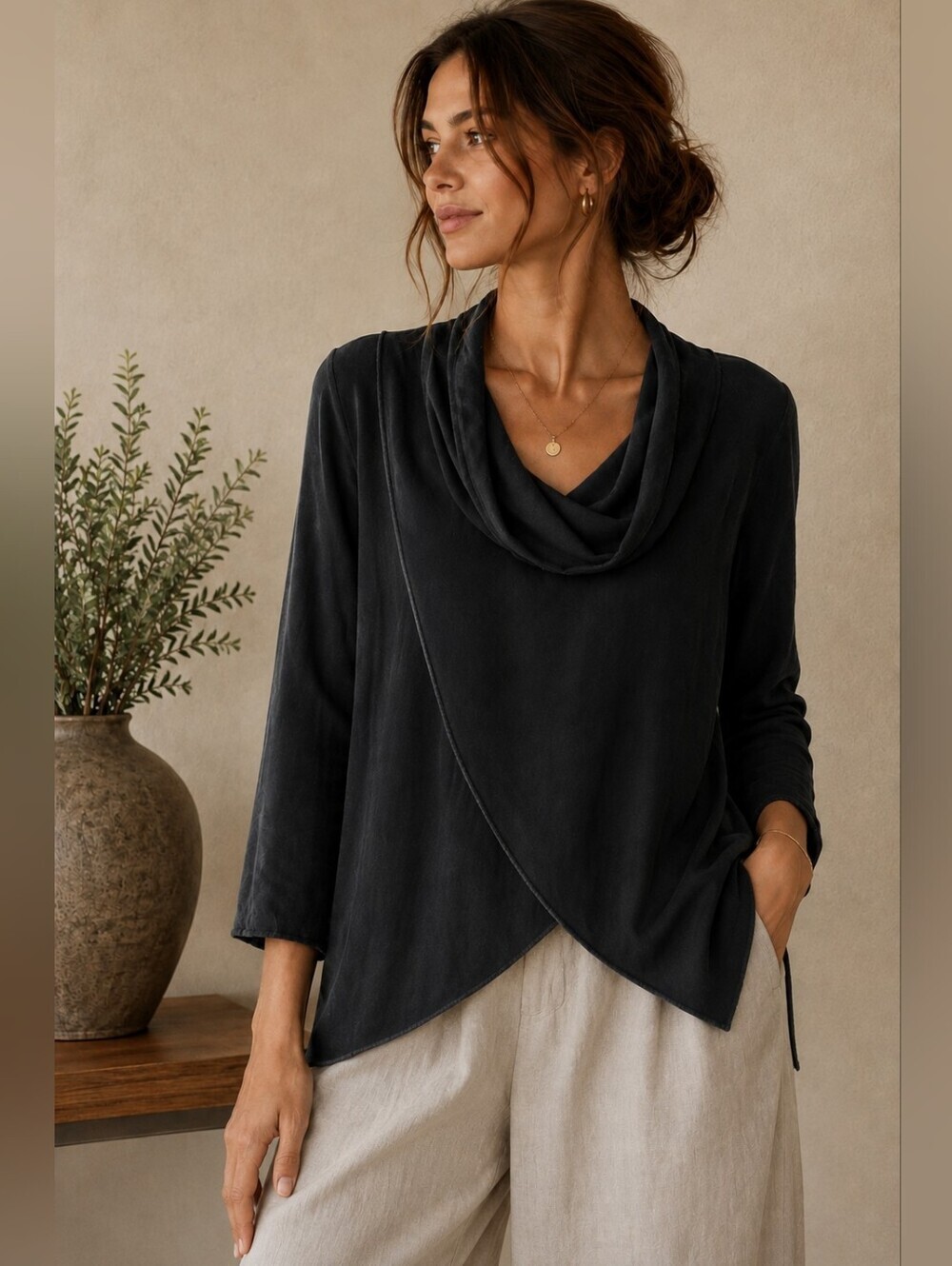 Made in Italy | Black Draped Cowl Neck Tunic Top w/ Asymmetrical Hem, Size S